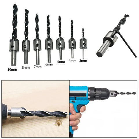 All In One Woodworking Drill Bit Set With Countersinks And Plug Cutters Hex Shank HSS 5 Flute 90 Degree Bits displayed and in use