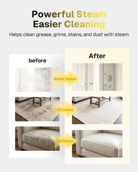 Before and after images showing cleaning results. Behome Portable Steam Cleaner With 15 Second Quick Heat Up, 3-Level Adjustable Handle, And 1.9 Qt Large Tank