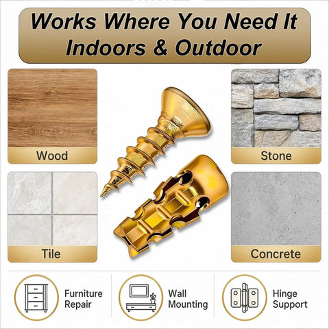 Hinge Repair Kit With 6x14mm Screws And Expansion Anchors For Stripped Screw Holes shown with wood, stone, tile, and concrete surfaces.
