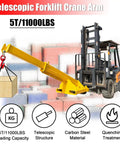 Professional Forklift Telescopic Boom Crane Attachment Hoisting 11000 Lbs Without Sweat Includes Heavy Duty Lifting Hook And 96 Inch Adjustable Reach For Rough Daily Grinds, featuring a yellow crane arm.
