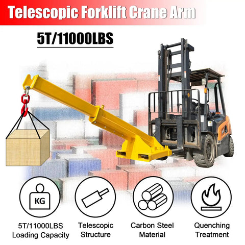 Professional Forklift Telescopic Boom Crane Attachment Hoisting 11000 Lbs Without Sweat Includes Heavy Duty Lifting Hook And 96 Inch Adjustable Reach For Rough Daily Grinds, featuring a yellow crane arm.