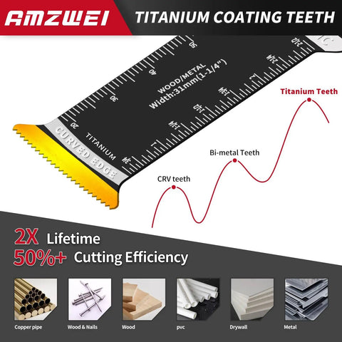 Extended Reach Titanium Oscillating Tool Blades For Metal And Wood Cutting With 70 Mm Deep Plunge Design Heavy Duty Multi Tool Accessories For Tight Squeeze Projects That Will Nail It Without Breaking A Sweat showing titanium coated blade with curved edge and ruler measurement.