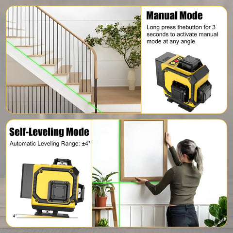 Self Leveling 360 Degree Laser Level With Tripod And Remote Four 360 Degree Cross Line Lasers For Tile Flooring And Construction Pro Grade All In One Line Laser Level Kit With Under 1mW Power Output And Two Batteries, manual and self-leveling modes