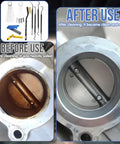 Image showing Nine Piece Carburetor Cleaning Tool Kit With Stainless Steel Needles, Nylon Brushes And Hooks For Motorcycle, ATV, Chainsaw And Welder, Includes Jet Cleaning Kit And Welding Tip Cleaner, Pro Grade; before and after cleaning effects on a metal carburetor.