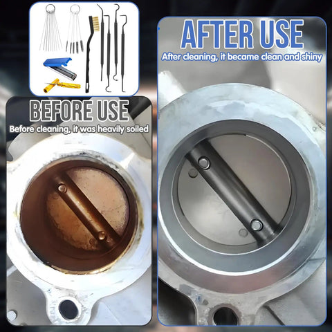 Image showing Nine Piece Carburetor Cleaning Tool Kit With Stainless Steel Needles, Nylon Brushes And Hooks For Motorcycle, ATV, Chainsaw And Welder, Includes Jet Cleaning Kit And Welding Tip Cleaner, Pro Grade; before and after cleaning effects on a metal carburetor.
