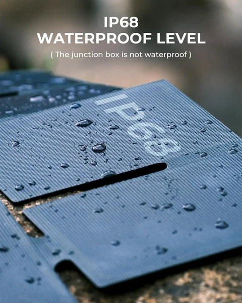 Close-up of IP68 waterproof Ultra Light 25W Solar Panel Charger With USB A And USB C Ports Pocket Size Foldable