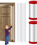 Essential Finger Pinch Door Guard For Toddlers Stops Painful Jam Pinches with smooth hinge shield displayed by a child and rolls of guard.