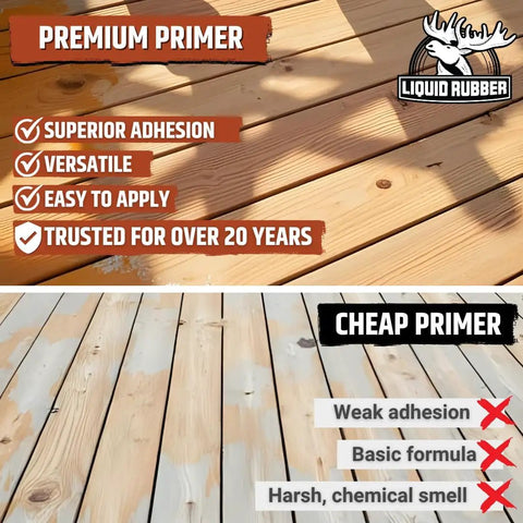Comparison of premium primers showing improved adhesion and versatility with a wooden surface treated with multipurpose primer.