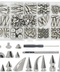 Rock Your Edge With This Kickass 150 Piece Punk Spike Rivet Kit Featuring Silver Zinc Alloy Cone Studs Screw Back Bullets And Essential Tools For Leather Crafting And Custom Apparel in a detailed organizer.