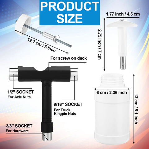 All In One Skate Bearing Cleaning Kit With Press And Puller Cleaning Bottle And Wrench For Skateboards Roller Skates And Scooters Maintenance Pro Grade Setup For Easy Install And Prime Bearing Performance For Skaters, labeled parts with dimensions.