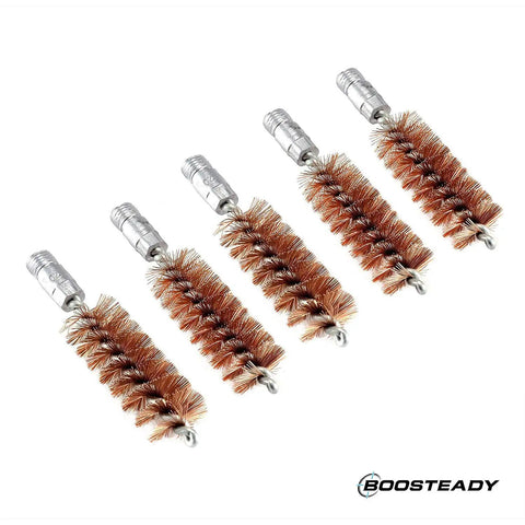 Five Pack Phosphor Bronze Bore Brushes For Pistols And Shotguns With Fifty Patches Multi Caliber Cleaning Kit on white background