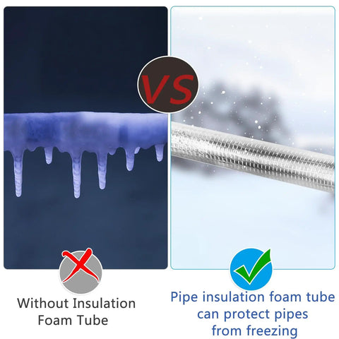 Comparison of frozen pipe without insulation vs. protected pipe with 10 Pack Self Adhesive Pipe Insulation Foam Tubes With Aluminum Foil Wrap