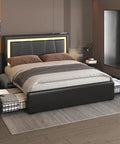 Slick Upholstered Queen Bed Frame With Four Heavy Duty Storage Drawers Adjustable Faux Leather Headboard featuring smart lighting in a modern bedroom.