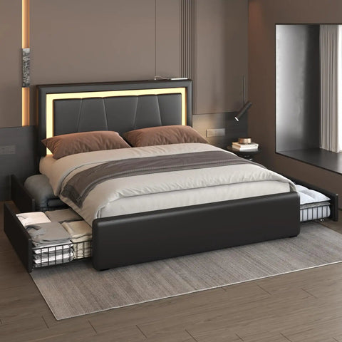 Slick Upholstered Queen Bed Frame With Four Heavy Duty Storage Drawers Adjustable Faux Leather Headboard featuring smart lighting in a modern bedroom.