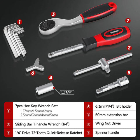 130 Piece Mini Ratchet Set with One Quarter Inch Drive, 72 Tooth Ratchet, 104 Bits and 13 Sockets, Spinner Handle, Sliding Bar T Handle displayed