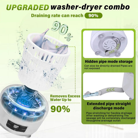 Straight Up Must Have 4 Liter Semi Automatic Mini Washing Machine With Blue Light sanitizing, showing upgraded washer-dryer features and drainage system.