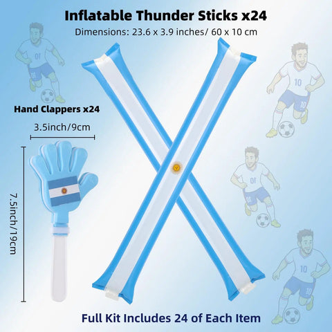 48 Pack Soccer Fan Noisemaker Set With 24 Inflatable Thunder Sticks And 24 Hand Clappers, Argentina Flag Theme