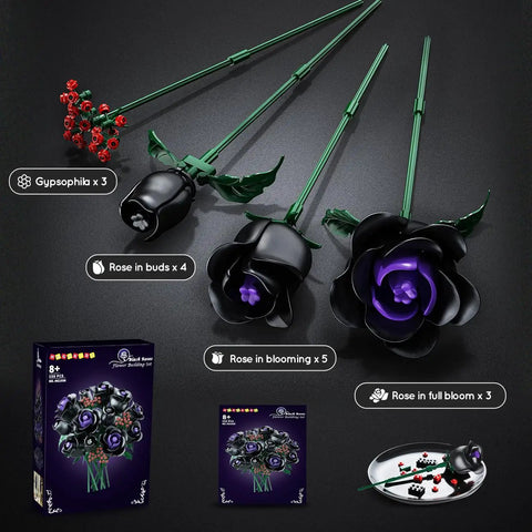 15 Black Rose Bouquet Building Set For Gothic Home Decor, DIY Dark Flower Kit With Purple Jewel Centers, No Vase Included, parts laid out