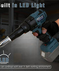 Upgraded Cordless Rivet Gun With Brushless Motor And Led Light For Makita 18V Batteries, showing LED light for dark environments.