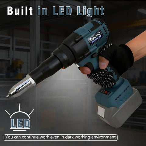 Upgraded Cordless Rivet Gun With Brushless Motor And Led Light For Makita 18V Batteries, showing LED light for dark environments.