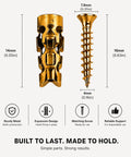 Thirty Five Pack Heavy Duty Self Expanding Metal Anchor Screws Tough Zinc Steel Plugs close-up with size details 7.8mm, 16mm.