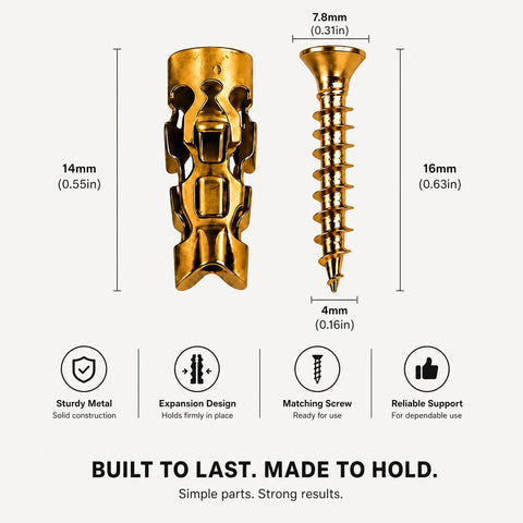 Thirty Five Pack Heavy Duty Self Expanding Metal Anchor Screws Tough Zinc Steel Plugs close-up with size details 7.8mm, 16mm.