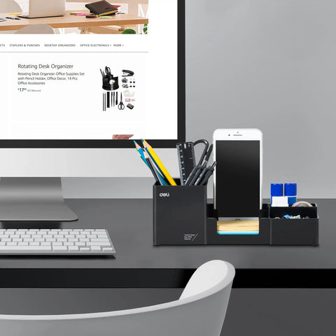 Desk Organizer With Pencil Holder And Sticky Note Tray Plastic Desktop Caddy For Office Supplies Six Compartments Black Finish