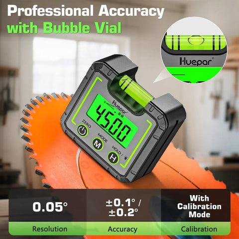 Heavy Duty Digital Angle Level And Inclinometer With Rock Solid Magnet Base And Bright Lcd Screen Quick Zero Set on bright orange saw blade