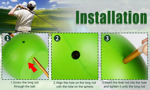 Installation steps for Connector Golf Training Aid for Swing Mastery and Posture Correction using green ball and rod