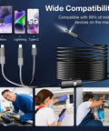 Dual Lens Endoscope Camera With Light For Inspections, 8 Plus 1 Adjustable LED Lights, IP68 Waterproof shown with cables and phone compatibility
