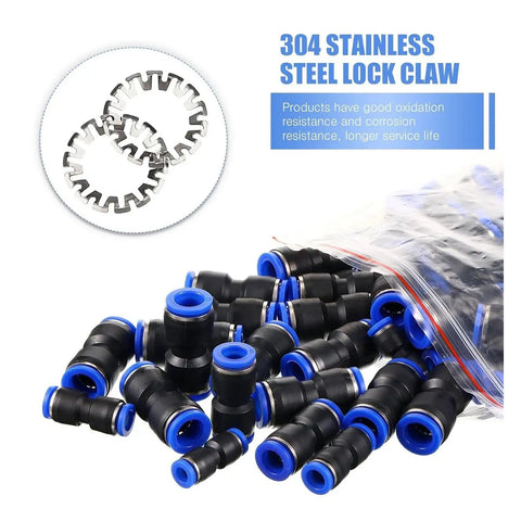 Premium 100 Piece Quick Push Connect Air Hose Fitting Set With 4 6 8 10 12mm Multi Size Pneumatic Tube Nylon Air Line Connector Kit Perfect For Garage Repairs And Everyday DIY Projects, 304 stainless steel lock claw fittings in bag