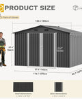 10 By 8 Ft Outdoor Storage Shed With Lockable Doors And Ventilation, dimensions with dark gray panels, man with shovel for scale