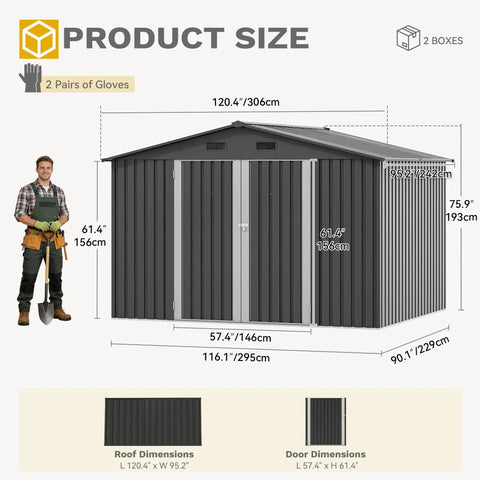 10 By 8 Ft Outdoor Storage Shed With Lockable Doors And Ventilation, dimensions with dark gray panels, man with shovel for scale
