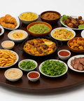 24 Inch Round Wooden Lazy Susan Turntable For Kitchen Cabinet Storage And Spicy Condiments displaying assorted dishes