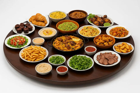 24 Inch Round Wooden Lazy Susan Turntable For Kitchen Cabinet Storage And Spicy Condiments displaying assorted dishes