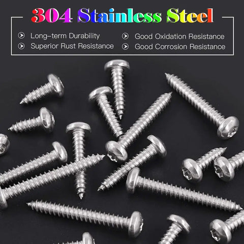 Built Tough Top Shelf Size 10 X 1 Inch Button Head Torx Security Screws Tamper Resistant Sheet Metal Fasteners With T25 Bit 304 Stainless Steel Rustproof Heavy Duty Hardware DIY Repairs scattered on a surface.