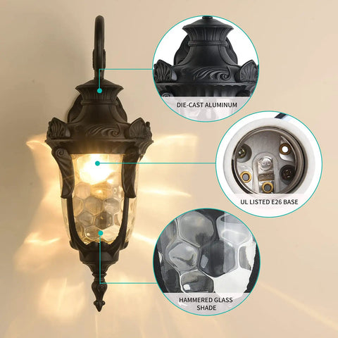 Outdoor Wall Light Fixtures Black Finish With Hammered Glass Shade 16.93 Inch Height Exterior Lantern Waterproof Sconce