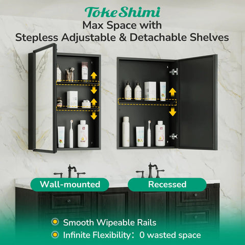 Sleek Black Recessed Medicine Cabinet With Mirror Premium Beveled Aluminum Frame 14 By 18 Inches featuring detachable shelves.