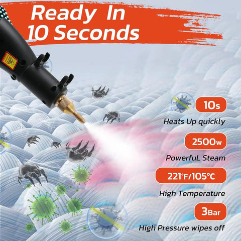 Powerful 2500W Portable Handheld Steam Cleaner With 1500ml Tank releasing steam in 10 seconds for high temp cleaning
