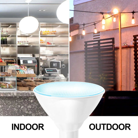 Outdoor LED Flood Light Bulb 5000K Daylight, 110V E26 Base, 20W 200W Equivalent, 1800 Lumens, shown in indoor and outdoor settings