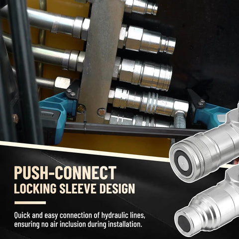 Metlead 90-degree skid-steer hydraulic quick-connect fittings, 1/2 in body with 3/8 in JIC male threads and dust caps