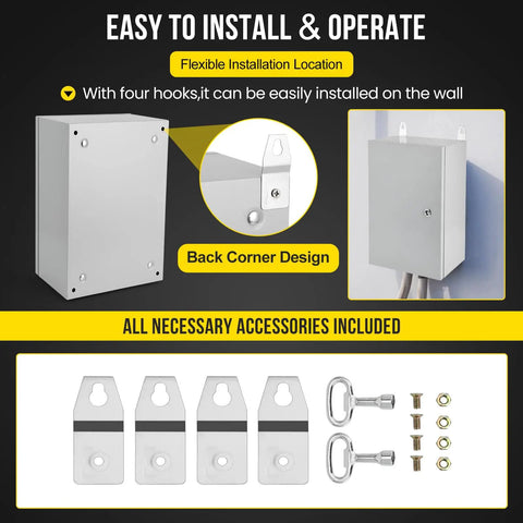 Tough As Nails NEMA 4x Steel Enclosure 20 X 12 X 10 Inches with corner hooks for easy wall installation and included accessories.
