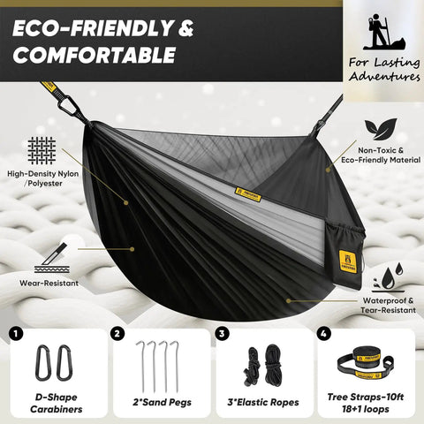 Bug Free Camping Hammock With Mosquito Net 500 lb capacity includes tree straps high-density nylon, eco-friendly material, black and grey.