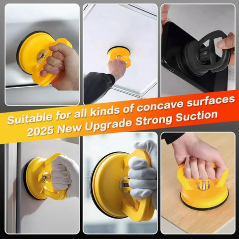 Three Pack Car Dent Repair Tool Kit With Powerful Suction Cup Dent Pullers, Includes One 4.5 Inch Large Puller And Two 2.2 Inch Small Repairers, Great For Car Body Dents And Auto Body Repair Projects, yellow suction cup on smooth surfaces