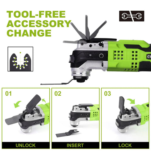 Cordless Oscillating Tool Kit With 20V Battery, Blazing 20,000 OPM, demonstrating tool-free accessory change process.