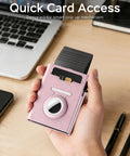 Hand holding pink AirTag Friendly Slim Wallet For Women With Front Pocket Ultra Thin Trifold Card Holder Anti Theft Minimalist Premium Leather Dope Card Access With ID Window And Cash Slot with cards