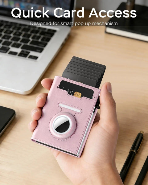 Hand holding pink AirTag Friendly Slim Wallet For Women With Front Pocket Ultra Thin Trifold Card Holder Anti Theft Minimalist Premium Leather Dope Card Access With ID Window And Cash Slot with cards