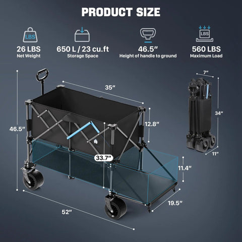 Diagram of 52 Inch Heavy Duty Double Decker Wagon With Brakes 560 Lbs Load All Terrain Big Wheels Collapsible Folding Wagon Cart Black.