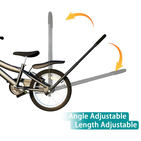 Kids Bike Trainer Handle For Learning To Ride, extended 21 to 30 inch balance push bar showing angle and length adjustments on bike, black