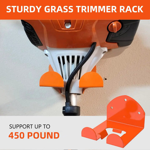 Two Pack Heavy Duty Garage Trimmer Rack Wall Mount Organizer for Grass Trimmers and Weed Eaters in use, supports 450 lb